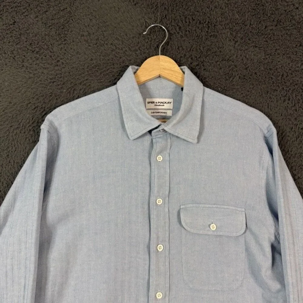 Spier & Mackay Shirt Mens Large Blue Contemporary Fit Herringbone Button Up